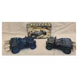 2 vtg Avon Dune Buggy blue glass decanter bottles
