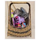 Vtg wicker basket w vtg toys