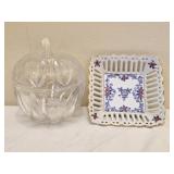 Heavy Lead Glass Apple Dish & Open Lace Trim Dish
