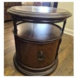 Vtg round wooden drum style storage end table