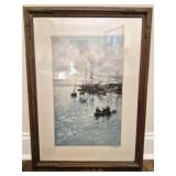 Vtg framed print of a maritime harbor scene