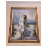 Vtg framed artwork of lady on a beach signed