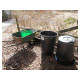 Wheel Barrow and 2 Trash Cans