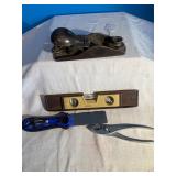 Level, plane, pliers