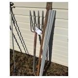 Fiber glass stakes, mulch fork