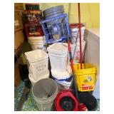 Bucket lot with mops and crates