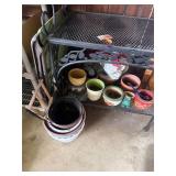 Bakers shelf 70" x 31", pots, lounge chair, hats