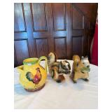 2 Chaulk Squirrels, Gold Color Pitcher