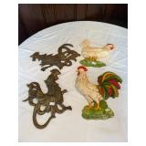 2 Brass & 2 Plastic chickens