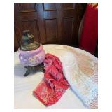 Pink Lamp Vase, Lap Throw, Red Knit Tablecloth