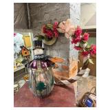 glass snowman (candle), grapevine wreath