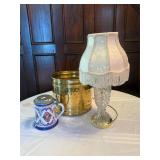 Blue Pattern Stein, Brass Bucket, Lamp and Shade