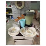 Dishes, Green Coffee Maker,1953 Year Plate, misc