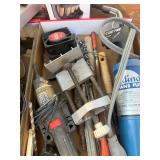 Hand saws, hardware, change counter, torch, misc