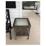 Porch bench, welcome sign, side table