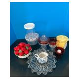 Ceramic Strawberry bowl, Red animal glasses, misc
