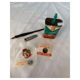 Singer oil can, calligraphy pen, knife