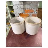 2 white glazed crocks
