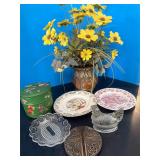 Green tin, vase of sunflowers, etc