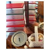 Shop boxes, basket & eggs, kitchen clock