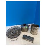 Grease bucket, flour sifter, misc
