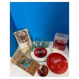 Coca Cola plate & 5 glasses, misc