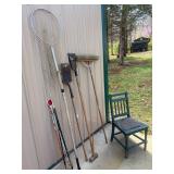 Shingle stripper, scraper, fish net, chair