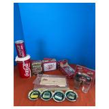Coca Cola lunch box, coasters, misc