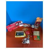 Coca Cola items- matchbox cars, tag frame, misc