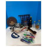 Pens, syrup jar, white enamel pan