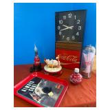 Coca Cola clock, tray, lamp, musical bear