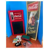 Mini pool table, sign, Coca Cola chalk board