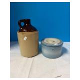 Corn Whiskey Jug; Butter Crock (cracked)