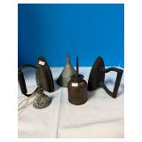 (2) Sad irons; (2) Oil Cans, Metal Funnel