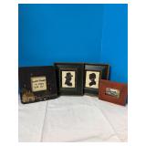 (4) Pictures: 3 silhouettes, 1 needlework