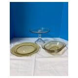 Cake Stand; (2) Amber Depression Glass (1 chipped)