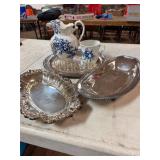 Silverplated Trays, Blue and white Cup and Pitcher