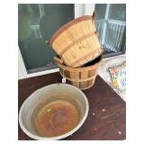 Vintage Wood Baskets and Metal Basin Set