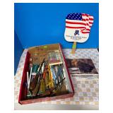 Vintage Hand Tools, Fan, and Calendar