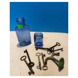 Vintage Blue Glass & Antique Keys Lot