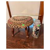 Hooked Wool Footstool with Sewing Jar