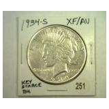 1934-S PEACE DOLLAR EXTRA FINE / ABOUT UNC.