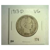 1913-D BARBER HALF DOLLAR VERY GOOD