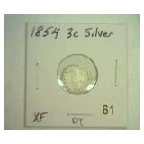 1854 THREE CENT SILVER EXTRA FINE