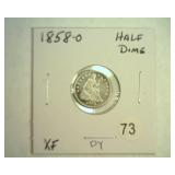 1858-O SEATED LIBERTY HALF DIME EXTRA FINE