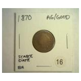 1870 INDIAN CENT AG / GOOD SCARCE DATE