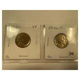 2 PC BUFFALO NICKEL 1921 VERY FINE, 1926-D VG