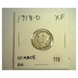 1918-D MERCURY DIME EXTRA FINE SCARCE