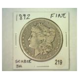 1892 MORGAN SILVER DOLLAR FINE SCARCE