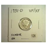 1931-D MERCURY DIME VERY FINE / EXTRA FINE